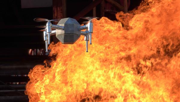 Drone flying through fire